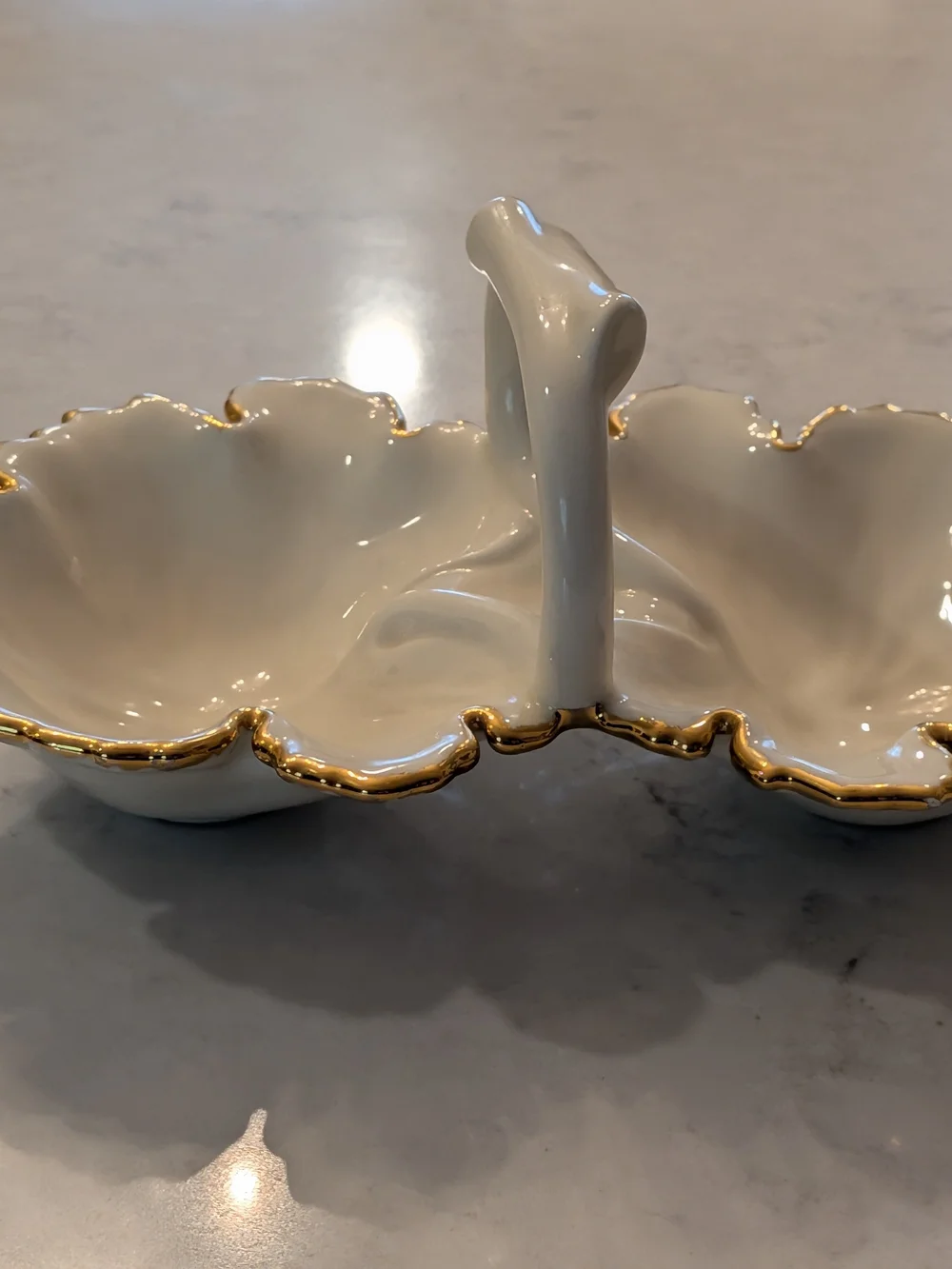 Elegant White Ceramic Divided Serving Dish with Gold Trim Vintage 2007s